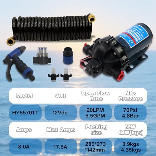 Image of Washdown Kit Deck Wash Pump - 5.5 GPM, 70 PSI, 12V, Self-priming On-Demand Water Pressure Pump for Marine, RV, Boat, Yacht, Car, Mini Motor (HY-55701t-Kit)