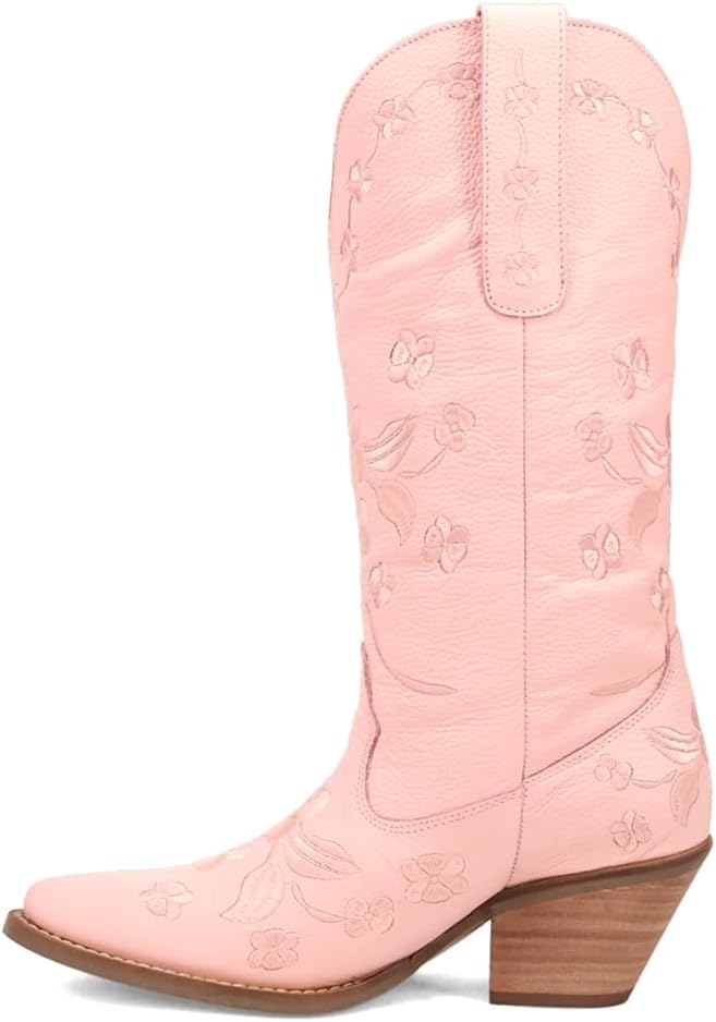 Dingo Womens Love Bug Floral Embroidered Snip Toe Casual Boots Mid Calf Mid Heel 2-3" - Pink