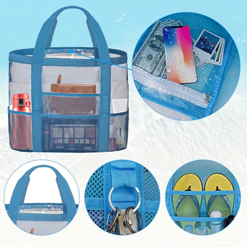 Mesh Beach Bags for Women - Plus Waterproof Sandproof Tote Bag with 8 Pockets and 1 inner Zipper Closure Pockets4