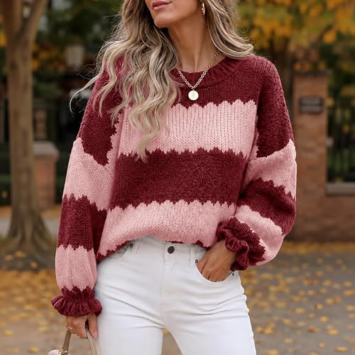 Striped Sweater Women Color Block Crew Neck Ruffle Sleeve Fall Sweaters - image 2