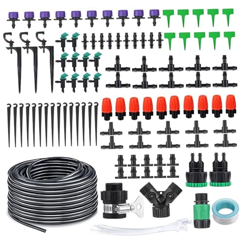 153pcs Kit del sistema de riego de 30m/100 pies Kit de riego de jardín Planta de invernadería Equipo de riego automático de manguera para plantas Accesorios de jardín de jardín de césped