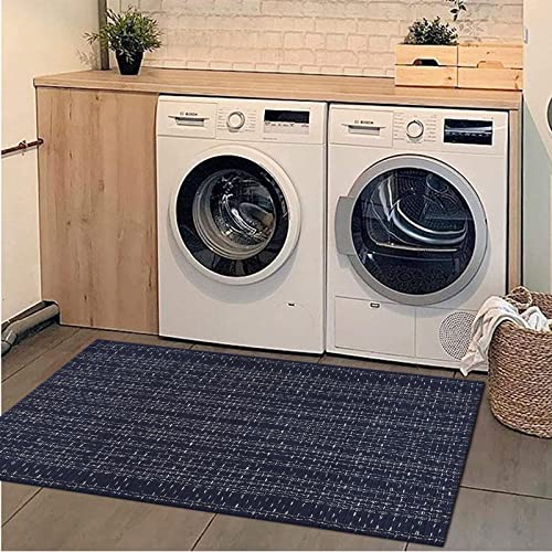 Seavish Boho Bathroom Rug, Cotton Woven Laundry Bath Rugs, 2'x4.2' Dark Blue Small Reversible Throw Rugs, Washable Runner Rugs for Kitchen Hallway Living Room Bedroom Patio