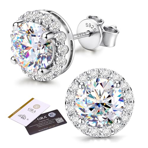 GEMQUEEN Moissanite Halo Earrings Studs : 18K White Gold Plated 925 Sterling Silver Earrings for Women Men Hypoallergenic Dainty Stud Earring Jewelry Trendy Round Cut D Color VVS1 Clarity 2CT