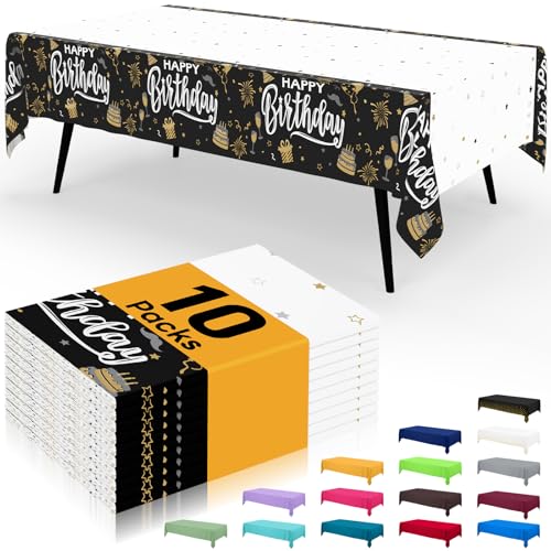 Image of Smiry Disposable Table Cloth - 10 Pack, 54 x 108 Inch Waterproof Rectangle Tablecloths for Parties, Decorative Plastic Table Cover, Leakproof & Sturdy, Black & White