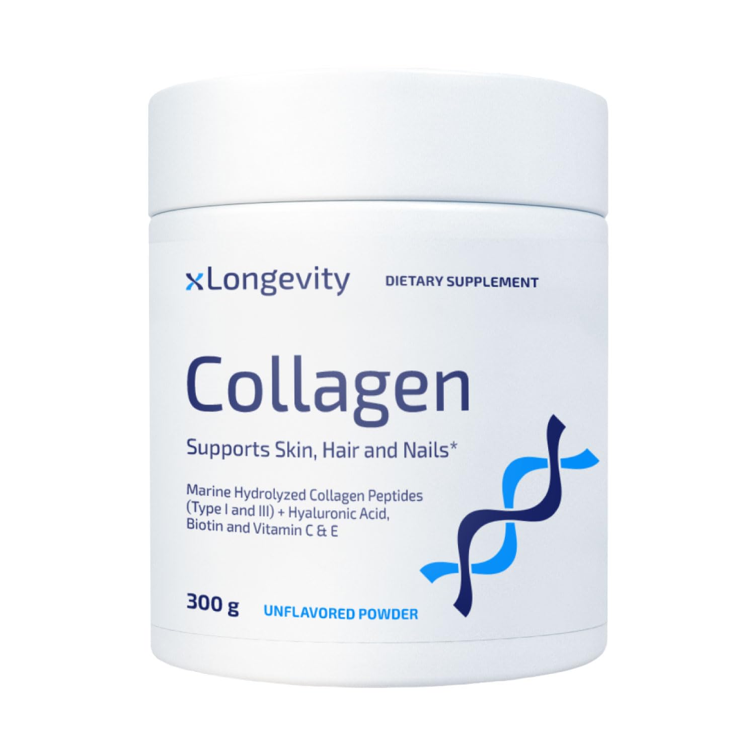xLongevity Marine Collagen Powder 12000 mg Daily Supplement, 300g Unflavored, Women & Men | Hydrolyzed, Peptides, Biotin, Vit C & E, Hyaluronic Acid | Healthy Skin, Hair, Nails - Lab Tested