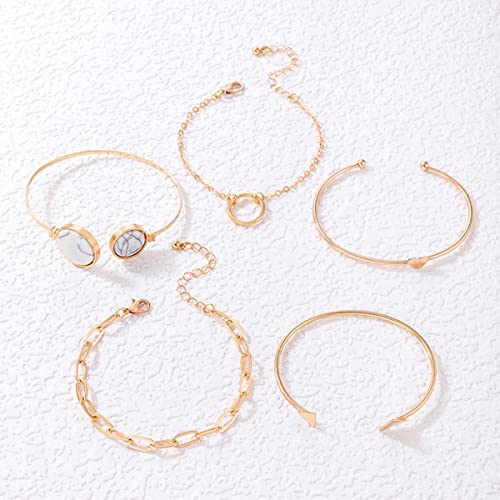 5pc Contemporary Stackable Bracelet Set, Gold Plated