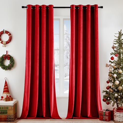 EMEMA Velvet Curtains 96 Inches Long, Luxury Blackout Curtains for Living Room, Grommet Room Darkening Elegant Thermal Insulated Window Treatment for Bedroom W52 x L96 Red