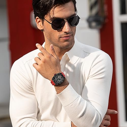 Image of TSAR BOMBA Men's Automatic Watch Tonneau Luxury Skeleton Watches for Men Mechanical 50M Waterproof Analogue Watches Mens Unique Cool Square Big Face Dial Wristwatch with Silicone Strap Band