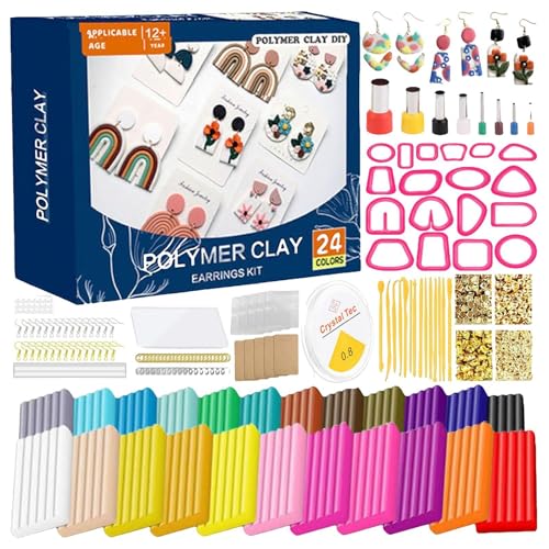Wimnqie Juego de 148 piezas de joyería de arcilla polimérica, pendientes de arcilla polimérica, juego de cortadores de galletas con colores arcilla, 24 cortadores de pendientes, accesorios y
