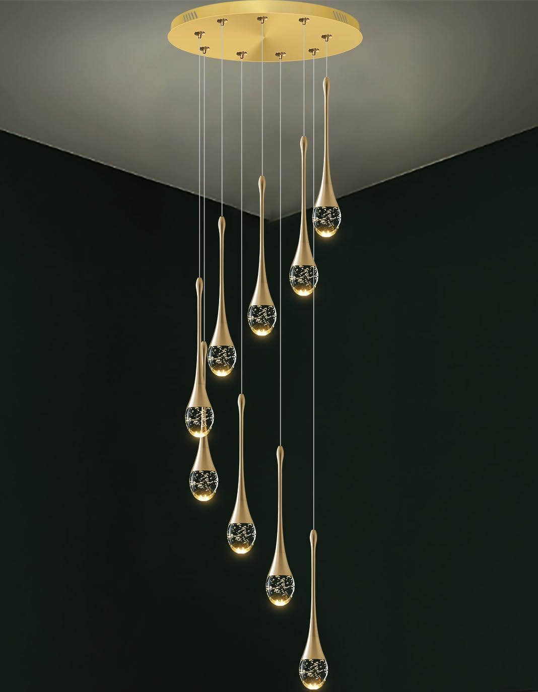 PCXEHUYP H100'' Modern Chandelier 9-Lights Gold Foyer Entrance Chandeliers High Ceiling LED Dimmable 2700-6000K Fixtures