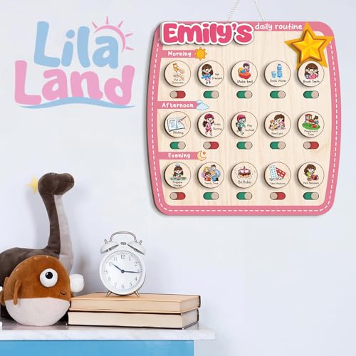 Image of Personalized Wooden Chore Chart for Kids, Daily Routine Chart for Toddlers, Visual Schedule for Kids Age 3-5, Morning Bedtime Routine for Girls (09)