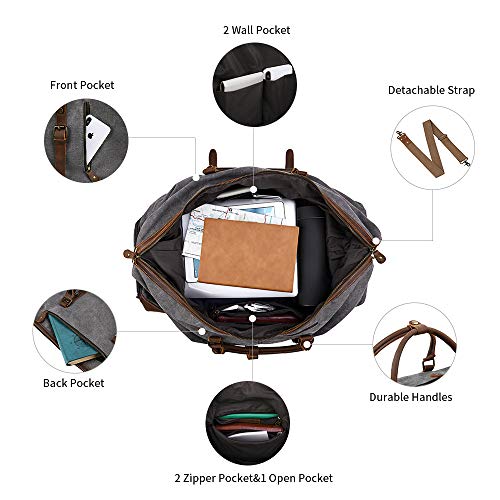 Kattee Rolling Travel Luggage Duffel Bag, 2 Drop Bottom Wheeled, Leather + Canvas, 50L (Dark Gray)