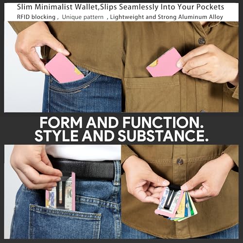 Image of Minimalist Carbon Fiber Wallet for Men, Money Clip Cash Strap Wallet, RFID Blocking Metal Wallet Aluminum Card Holder,Front Pocket Wallet(Matte Pink)