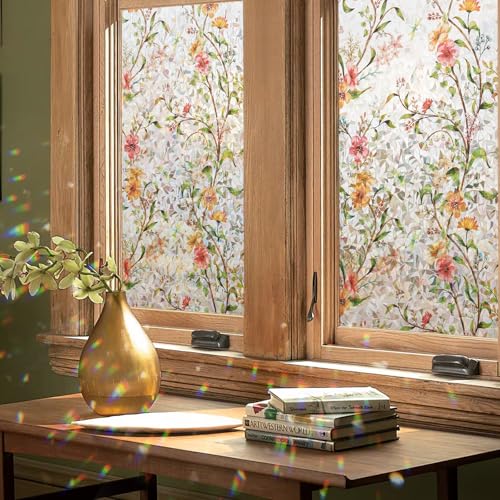 Kromapolis Window Privacy Film Floral Rainbow Decorative Stickers 3D Static Stained Glass Cling Removable Cover for Home Heat Control Anti-UV Car Sunroof Vinyl Decals Non-Adhesive 17.5 x 78.7