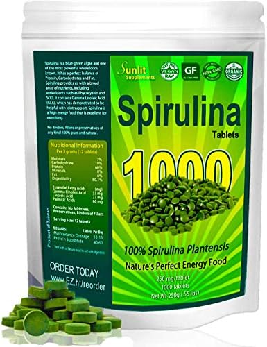 Spirulina Tablets (Mega-Pack 1000 Tablets). Organic, raw, Non-GMO. 100% Pure Green Superfood Spirulina Plantensis Supplement. Maximum Protein and Chlorophyll. No preservatives or fillers. (4 Pack)