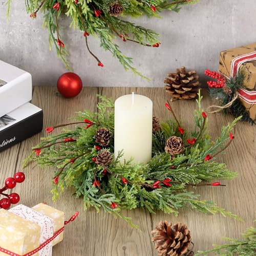 Image of 8 Pcs Artificial Christmas Candle Rings 9 Inch Cedar Pine Garland Wreaths with Red Berries Pinecones Wreaths Pine Needles Candle Ring Holder for Christmas Winter Decorations Table Centerpiece