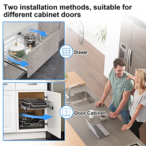 SAILUN Pull-Out Wire Baskets 600mm Wide Cabinet Slide Out Wire Storage Drawers for Kitchen, Pantry, Bathroom Cabinets, Base Larder Organiser Size: 570 * 440 * 140mm Silver Set of 2 (600mm) - Image 6