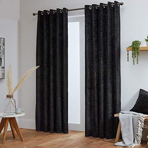 John Aird Crushed Velvet Fully Lined Eyelet Curtains (Black, 66" Wide x 72" Drop)