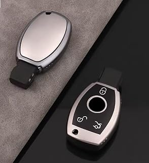 غطاء مفتاح سيارة عن بُعد (فوب) – متوافق مع مرسيدس بنز A، B، C، E، S، GLA، GLK، GLC، GLS، CLS، CLA، AMG – طرازات W204، W205، W212، W463، W176 – تصميم جديد للحماية والأناقة – 3 أزرار (فضي-أسود)