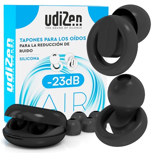 Tapones para los Oídos para Dormir Viajar Estudiar Cancelación de Ruido UdiZen -23dB Air - 1 Par Tapones Ergonómicos Ultra Suaves Reutilizables Reducción de Ruido SNR 23dB Color Negro con Estuche