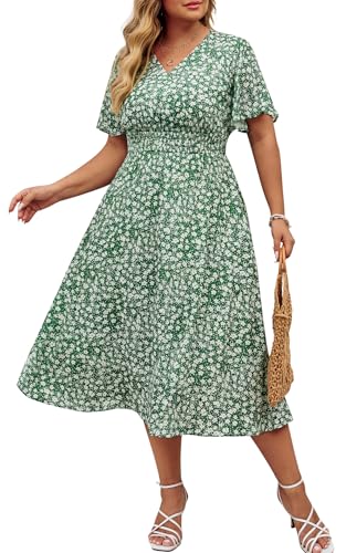 Hanna Nikole Women's Plus Size Summer Floral Dress Casual Short Sleeve Sundress Swing A Line Maxi Dresses with Pockets