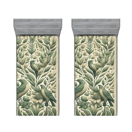 Ambesonne Birds and Nature 2 Pack Fitted Sheet, Wings Leafy Floral, Bed Cover All-Round Elastic Deep Pockets 2 Pieces, Package Contains 2 Twin XL Size Fitted Sheets, Laurel Green Pale Khaki
