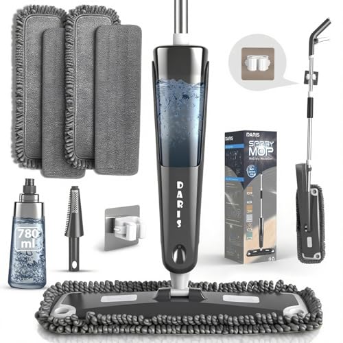 DARIS Trapeador de Microfibra 360 Grados, 4 Almohadillas Lavables, fregonas húmedas y secas, Botella Recargable 780 ml