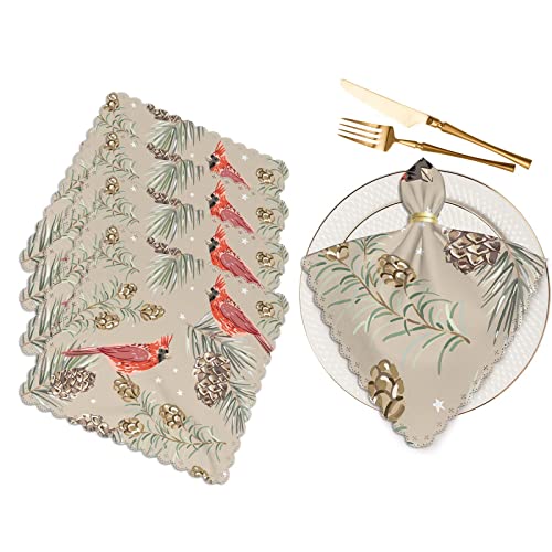 Yibeas Christmas Red Cardinal Birds Cloth Napkins Set Of 4 Soft Fir Pine Twigs Cedar Cones Stars Polyester Dinner Square Napkin For Family Restaurant Weddings Parties 18 X 18 Inch #TOP29