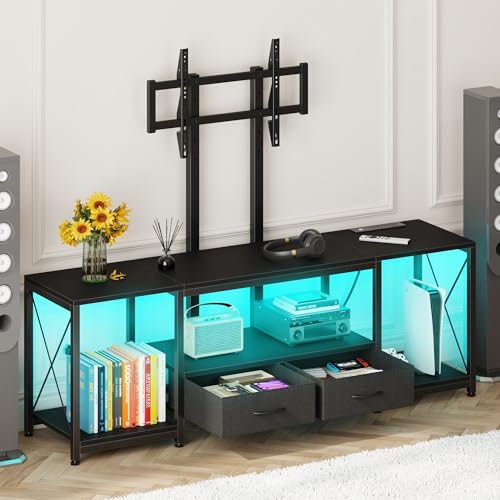 Image of GYIIYUO LED TV Stand with Mount and Power Outlet & Fabric Drawers for 32-85 Inches TV - Entertainment Center and Industrial TV Console Table for Living Room, Bedroom- 47.5 inch Black