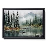 Panoramic Mountain Forest Lake Watercolor Wall Art, Misty Green Forest Blue Lake Panorama Art, Wilderness Watercolour Lake Reflection