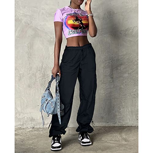 Black Cargo Pants For Women High Waist Baggy Y2K Pants Parachute Hiking Pants With Pockets Trendy S #TOP1