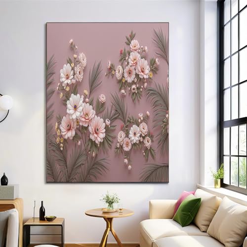 Cuadros decorativos GDJSMIN de hojas y flores rosas en lienzo para salón y comedor, 60x90 cm