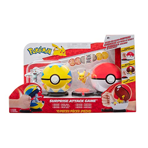 Pokémon- Juego Sorpresa: Incluye Pikachu Poke y Machop de 2 Pulgadas con Bola rápida más Seis Discos de Ataque, Multicolor (JAZWARES PKW2721)