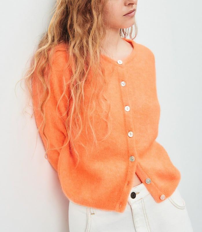 Image of Women Button Down Cardigan Long Sleeve Crewneck Sweater Vintage Lightweight Knit Jacket Fall Going Out Top