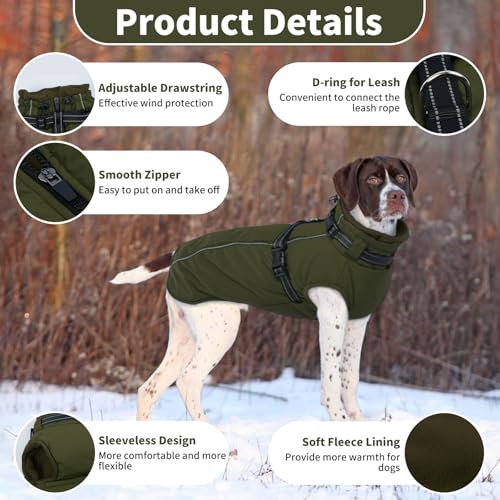 Lelepet Großer Hundemantel mit Geschirr – warme, wasserdichte Fleecejacke, Winter, reflektierende Weste, Schneeanzug für Labrador, Armeegrün, Größe XXL