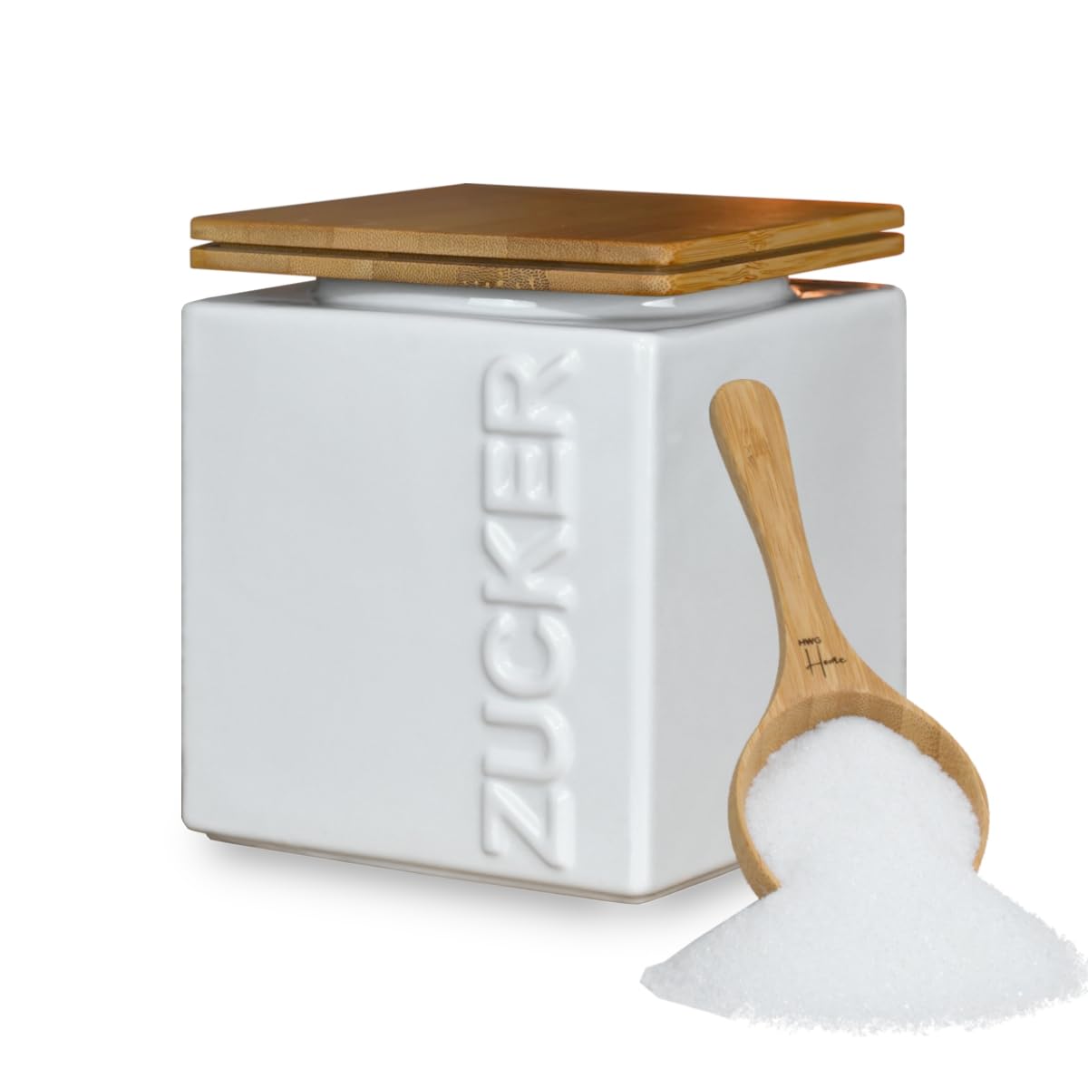 Zuckerdose luftdicht 1kg – Keramik Zuckerbehälter inkl. Bambus Messlöffel - Bambusdeckel für lange Haltbarkeit - eckig & platzsparend stapelbar - Weiß & Anthrazit