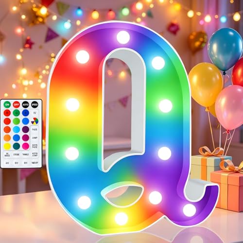 Image of LED Marquee Letter Lights, 18 Colors Changing Light Up Letters with Remote, RGB Alphabet Letters Sign for Girls Boys Gift Birthday Party Night Light Bedroom Wedding Christmas Decor-Colorful Q