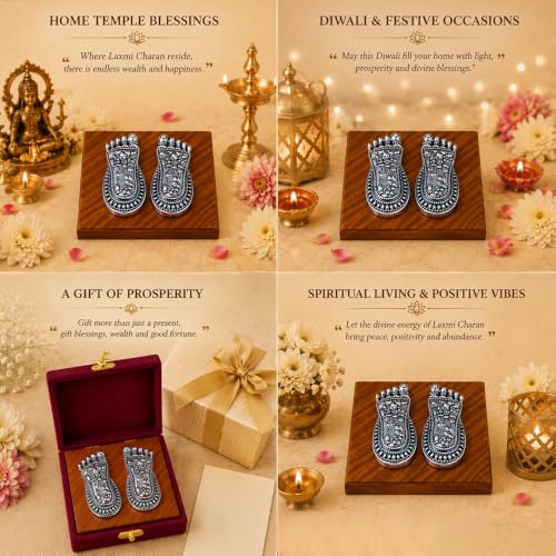 Image of DIVINITI 999 Silver-Plated Laxmi Charan Paduka with Luxury Gift Box | Vastu-Compliant Lakshmi Charan Paduka for Wealth, Prosperity & Positive Energy | Home Temple, Diwali & Housewarming Gift(7X3CM)