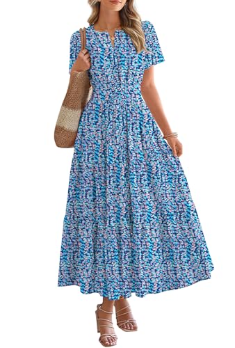 Image of BTFBM Womens Summer Floral Maxi Dresses V Neck Short Sleeve Boho Casual Flowy Long Wedding Guest Dress Beach Vacation