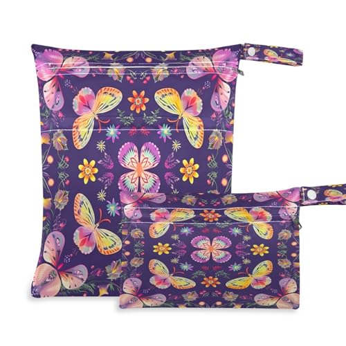 ATTX Cute Flower Pattern Wet Dry Bags 2-Pack - Reusable Cloth Diaper Storage for Travel, Beach & Gym | Multi-Use Waterproof Bags for Swimsuits, Baby Clothes, Sports Gear#201