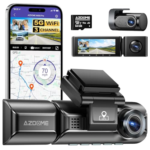 Image of AZDOME M550 Pro5G WiFi 3Channel Dash Cam for Car Built-in GPS, 4K+1080P Dual Dashcam for Front and Rear 1440P+1080P, 512GB, 3.19 inch IPS Screen, IR Night Vision, 24H Parking Mode - Car Accessories