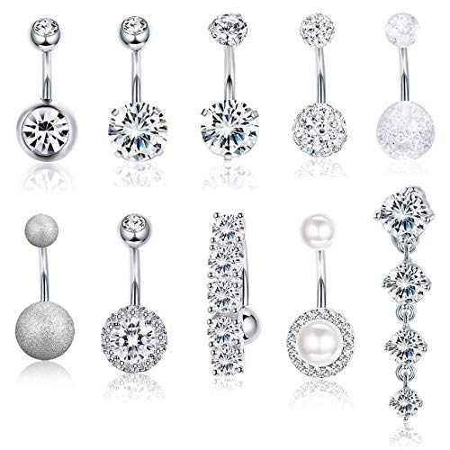 ORAZIO 10 Pcs Belly Button Rings for Women Men Stainless Steel Navel Rings CZ Body Piercing Jewery 14G