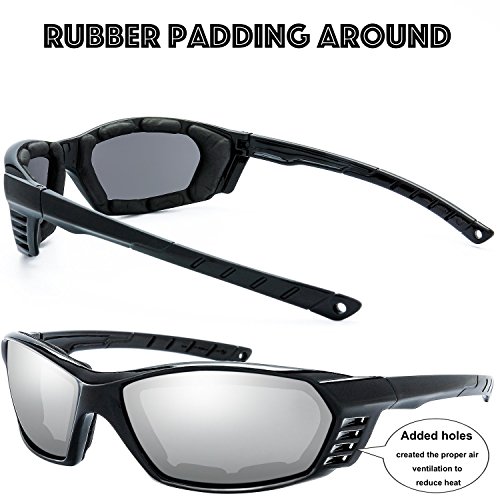 The Fresh 3 Pairs Motorcycle Riding Glasses Padded Frame Lens Block 100% Uvb For Outdoor Activity Sport (11-Shiny Black, Grey, Silver Mirror, & Red Mirror) #TOP4