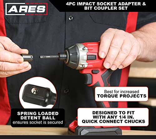 Ares 22033 – 4-Piece Impact Grade Socket Adapter And Bit Coupler Set - Turns Impact Drill Driver Into High Speed Socket Driver - 1/4-Inch, 3/8-Inch, And 1/2-Inch Drive – Magnetic Bit Holder #TOP4