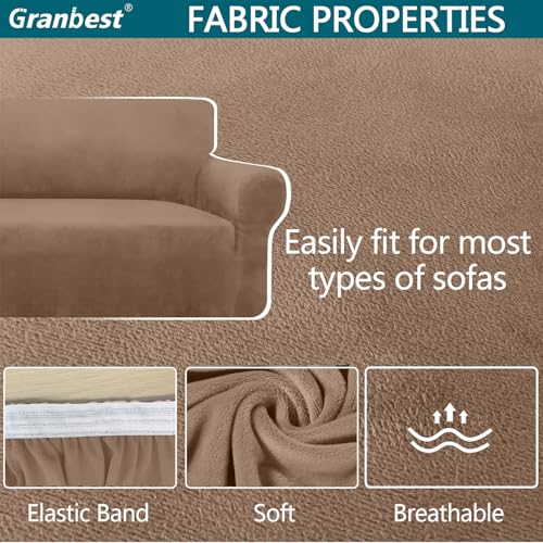 Housse de canapé 2 places en velours épais extensible couleur camel - 5