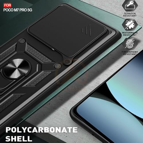 Image of Armor Bumper Back Cover Case for Poco M7 Pro 5G Rotating Camera Cover, Ring Holder & Kickstand | Heavy Duty & 360 Degree Protection Poco M7 Pro 5G Back Cover (Black)