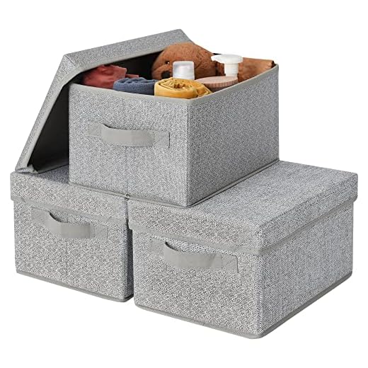 GRANNY SAYS Closet Storage Bins, Fabric Boxes with Lids, Shelf Baskets for Closet Organization, Stackable Storage Containers Storage Baskets for Organizing, Gray, Medium, 3-Pack