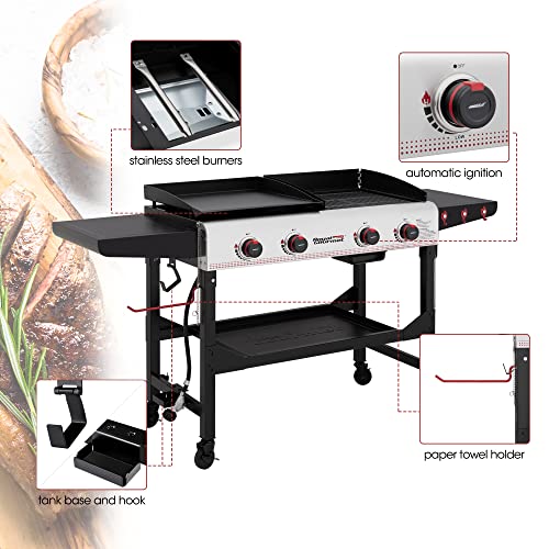 Royal Gourmet Gd403 4-Burner Portable Flat Top Gas Griddle Combo Grill With Folding Legs, 48,000 Btu, For Outdoor Cooking While Camping Or Tailgating, Black & Silver #TOP3