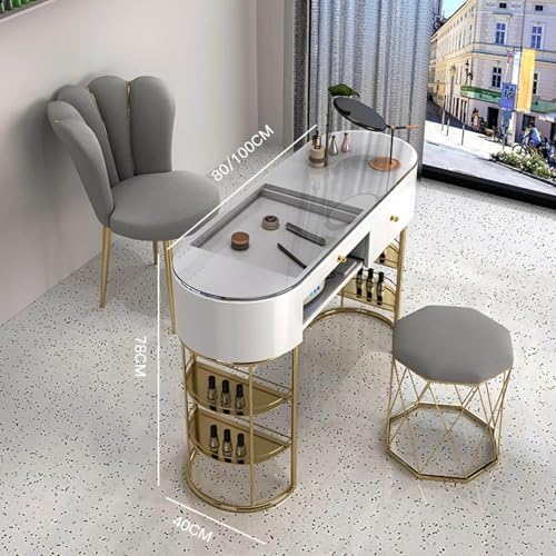 Professional Manicure Table with Storage Drawers, Open Shelves, Glass Top & Wooden Desktop, Ideal for Nail Salons & Home Offices - Stylish & Functional Work Station,Tempered Glass Desktop,100*40*78cm