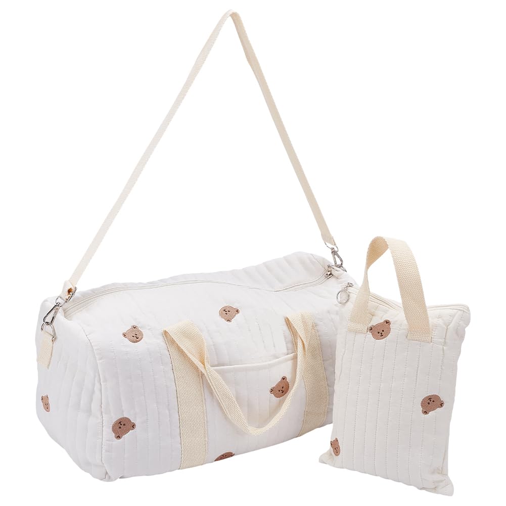 WEBEEDY 2 Styles Diaper Bag Tote with Bear Pattern Large Travel Diaper Tote with Zippered Handbag Cotton Multifunction Mommy Diapers Bags Cute Reusable Organizer Bag Gift for Christmas Hospital